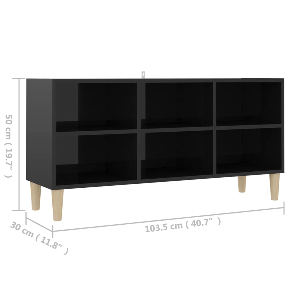 vidaXL TV stolík nohy z masívneho dreva lesklý čierny 103,5x30x50 cm