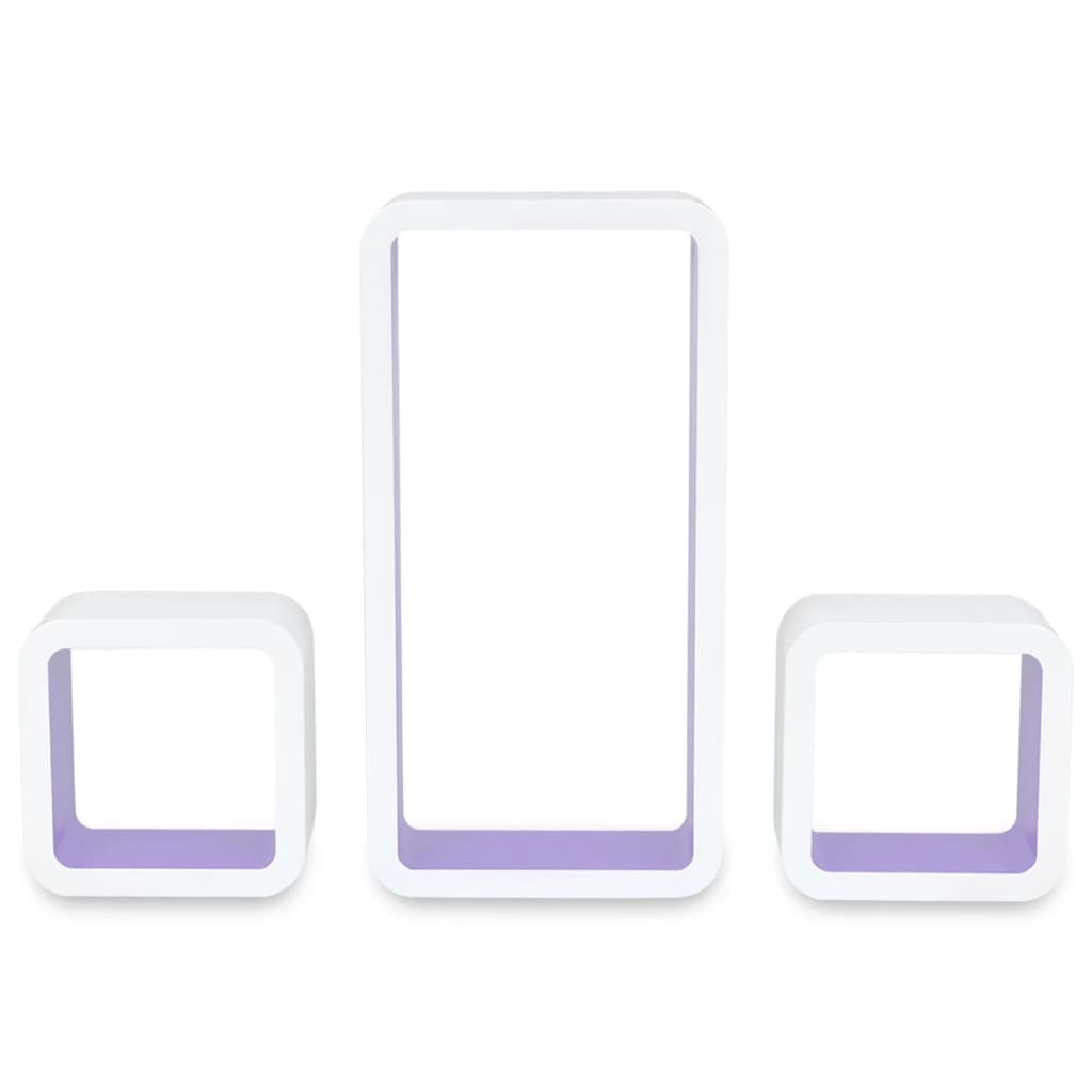 Bielo-fialové nástenné poličky z MDF na uskladnenie kníh/DVD, 3 ks, tvar kocky