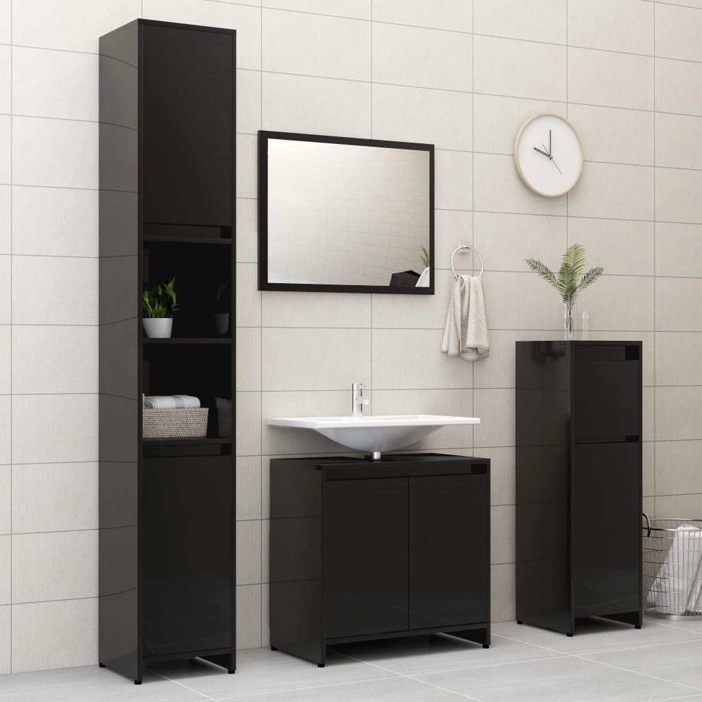 vidaXL Skrinka do kúpeľne, lesklá čierna 30x30x95 cm, drevotrieska