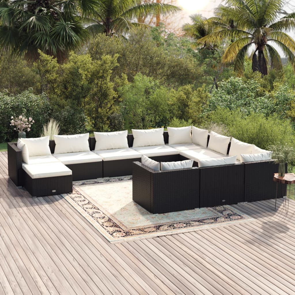 vidaXL 11-dielna záhradná sedacia súprava s vankúšmi polyratan čierna