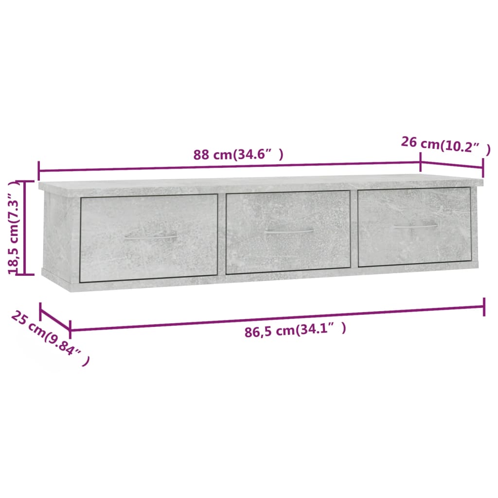 vidaXL Nástenná zásuvková polica betónová sivá 88x26x18,5 cm drevotrieska