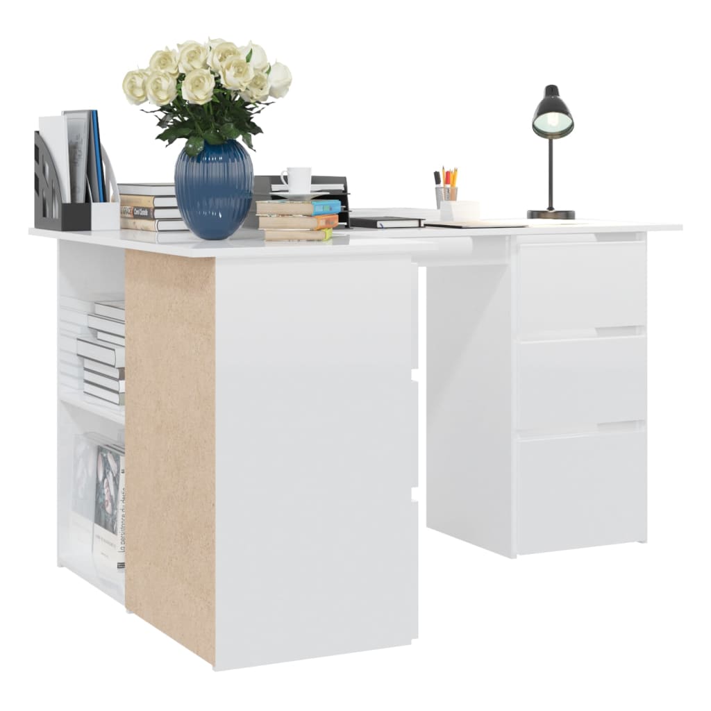 vidaXL Rohový stôl, lesklý biely 145x100x76 cm, drevotrieska
