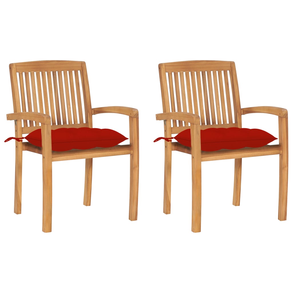 vidaXL Záhradné stoličky 2 ks červené podložky tíkový masív
