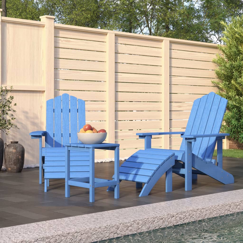 vidaXL Záhradné stoličky Adirondack s podnožkou a stolíkom HDPE modré