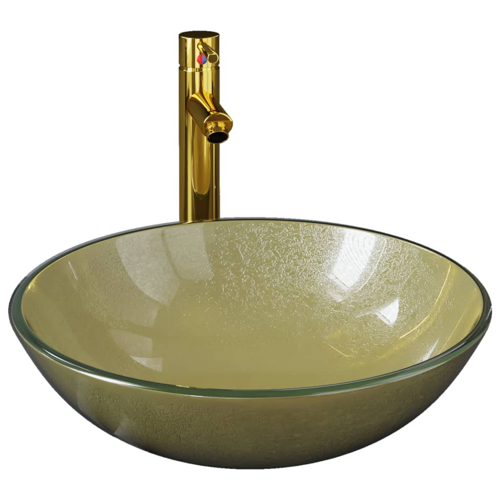 vidaXL Kúpeľňové umývadlo s batériou a odtokom zlaté tvrdené sklo