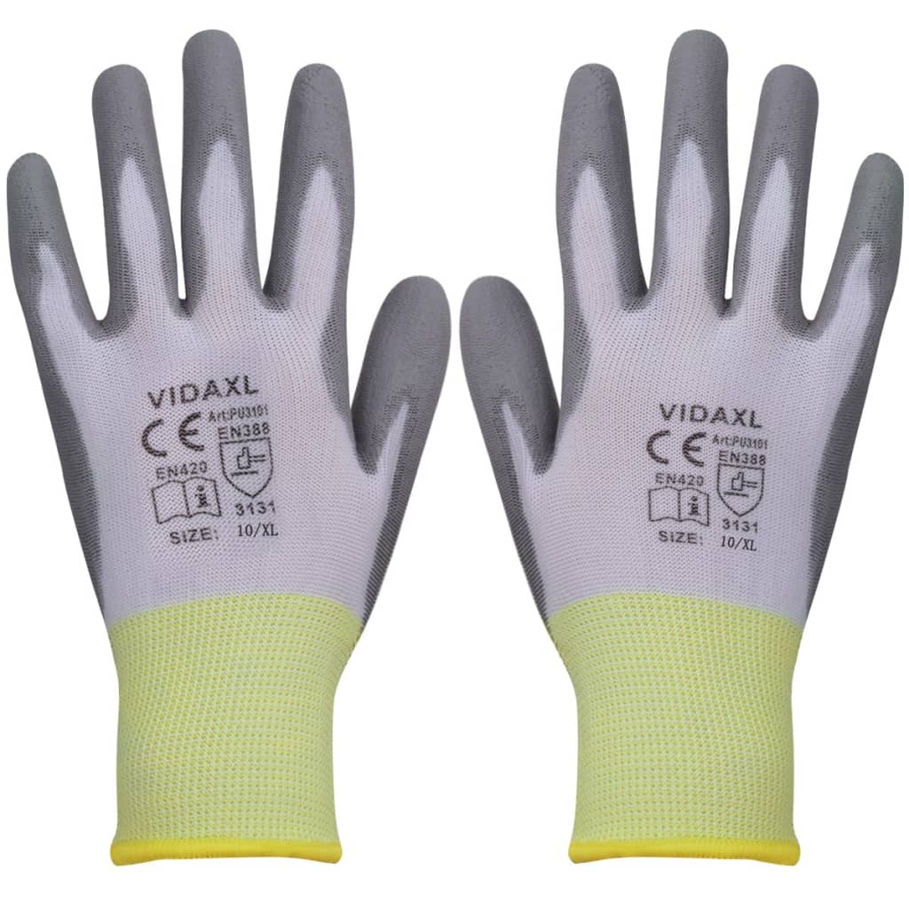 Bielo šedé pracovné rukavice z PU, veľkosť 10/XL, 24 párov vidaXL