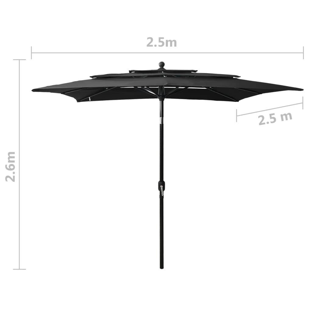 vidaXL 3-stupňový slnečník s hliníkovou tyčou čierny 2,5x2,5 m