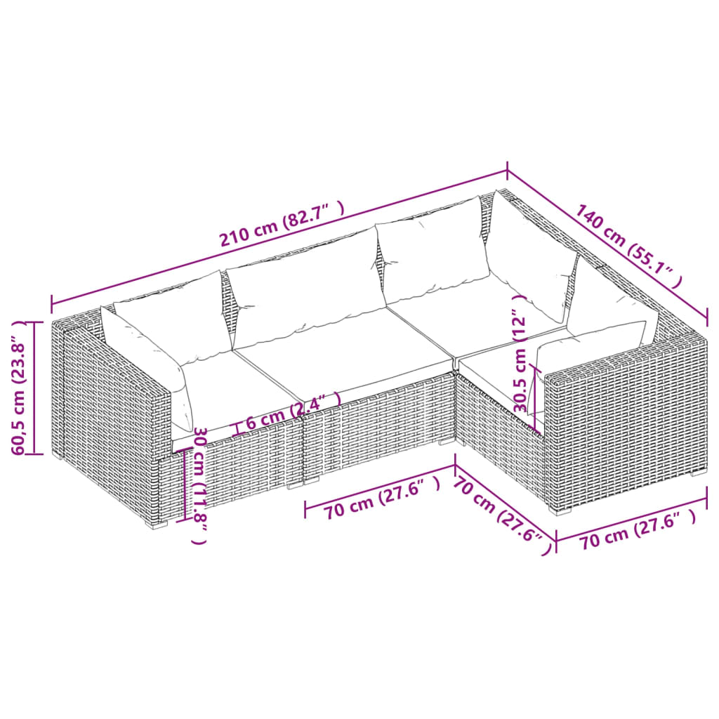 vidaXL 4-dielna záhradná sedacia súprava s podložkami polyratan sivá