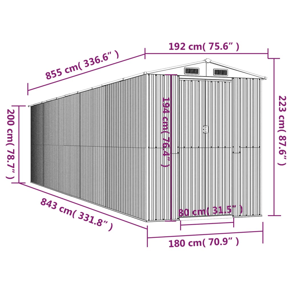 vidaXL Záhradná kôlňa bledosivá 192x855x223 cm pozinkovaná oceľ