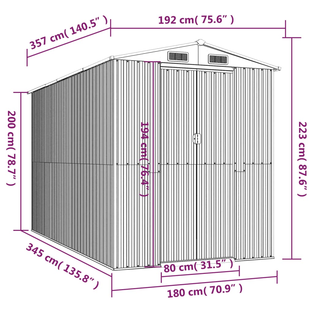 vidaXL Záhradná kôlňa bledosivá 192x357x223 cm pozinkovaná oceľ