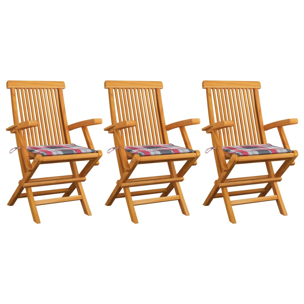 vidaXL Záhradné stoličky+červené kockované podložky 3 ks, tíkový masív