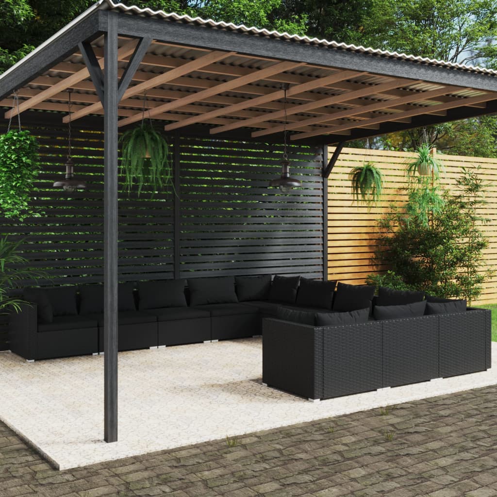 vidaXL 11-dielna záhradná sedacia súprava s vankúšmi polyratan čierna
