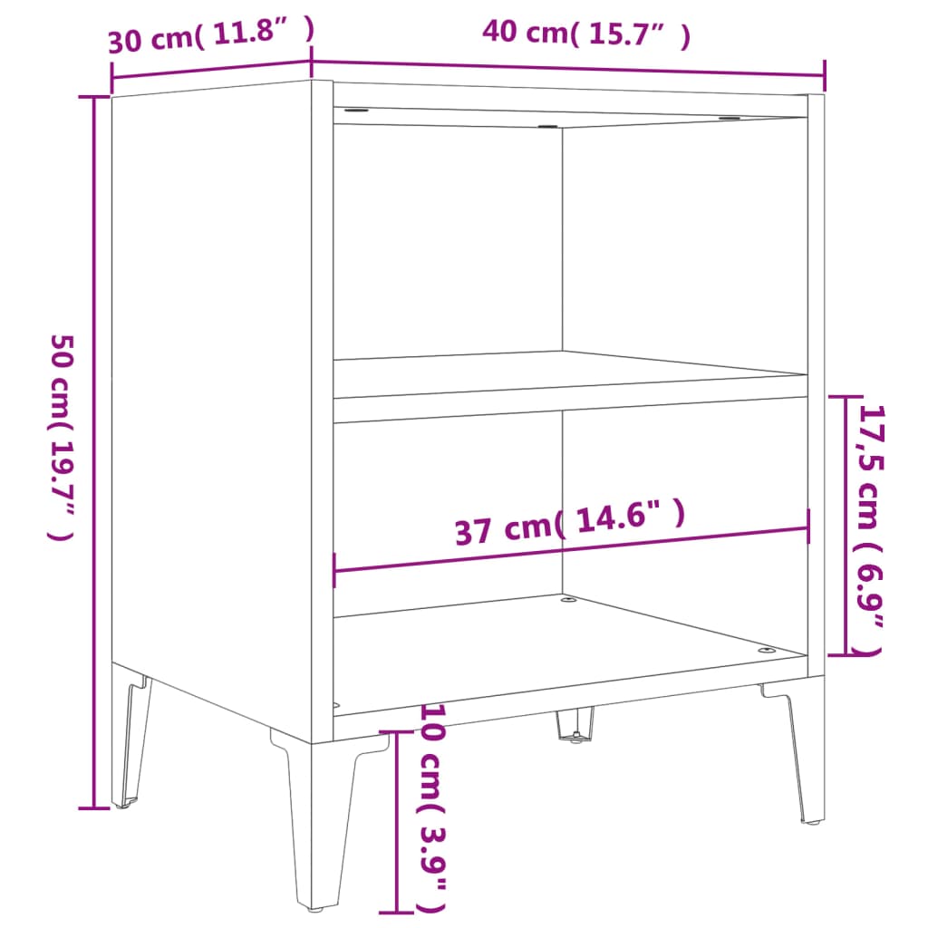 vidaXL Nočný stolík s kovovými nohami hnedý dub 40x30x50 cm