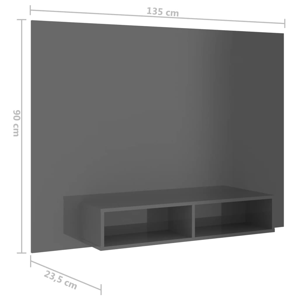 vidaXL Nástenná TV skrinka lesklá sivá 135x23,5x90 cm drevotrieska