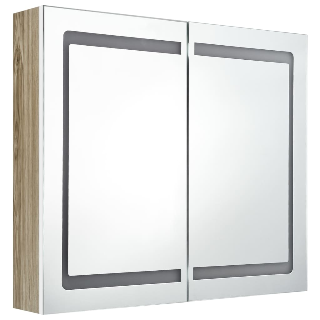 vidaXL LED kúpeľňová zrkadlová skrinka biela a farba dubu 80x12x68 cm