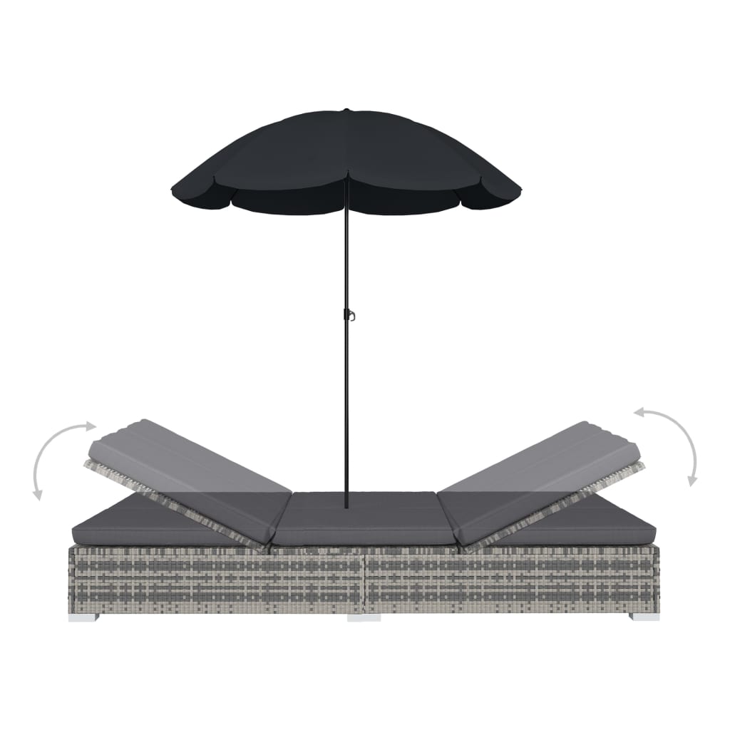 vidaXL Záhradná posteľ so slnečníkom, polyratan, sivá