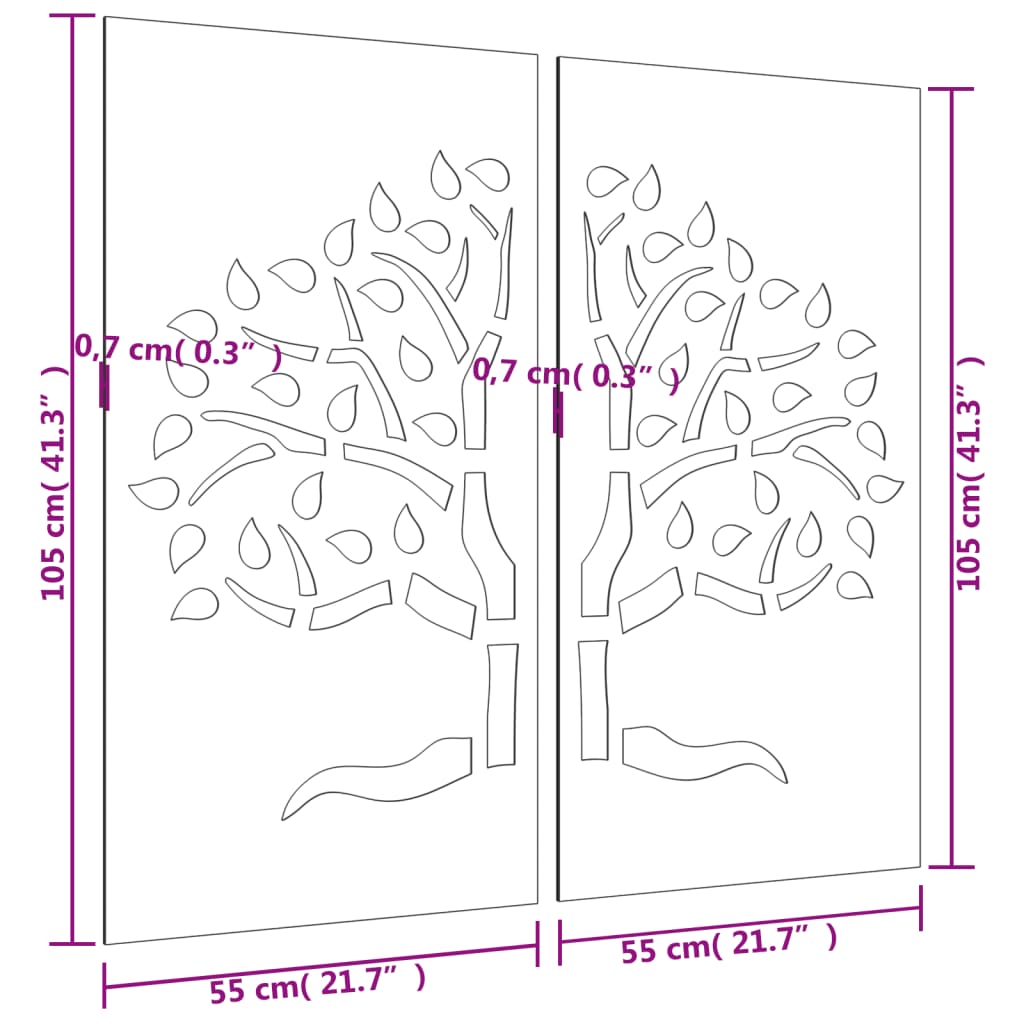 vidaXL Záhradné nástenné dekorácie 2 ks 105x55 cm kortenová oceľ strom