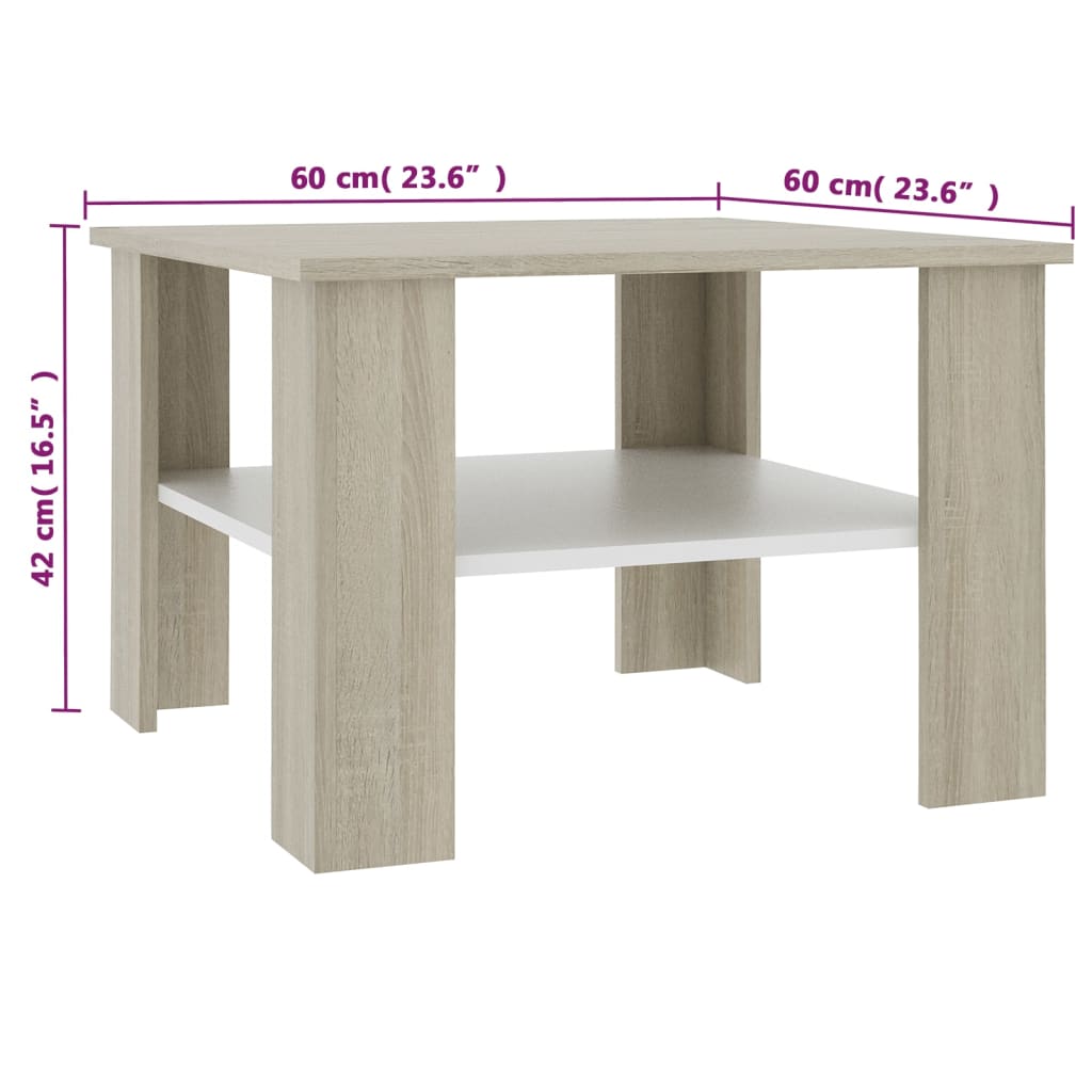 vidaXL Konferenčný stolík biely a farby dubu sonoma 60x60x42 cm drevotrieska