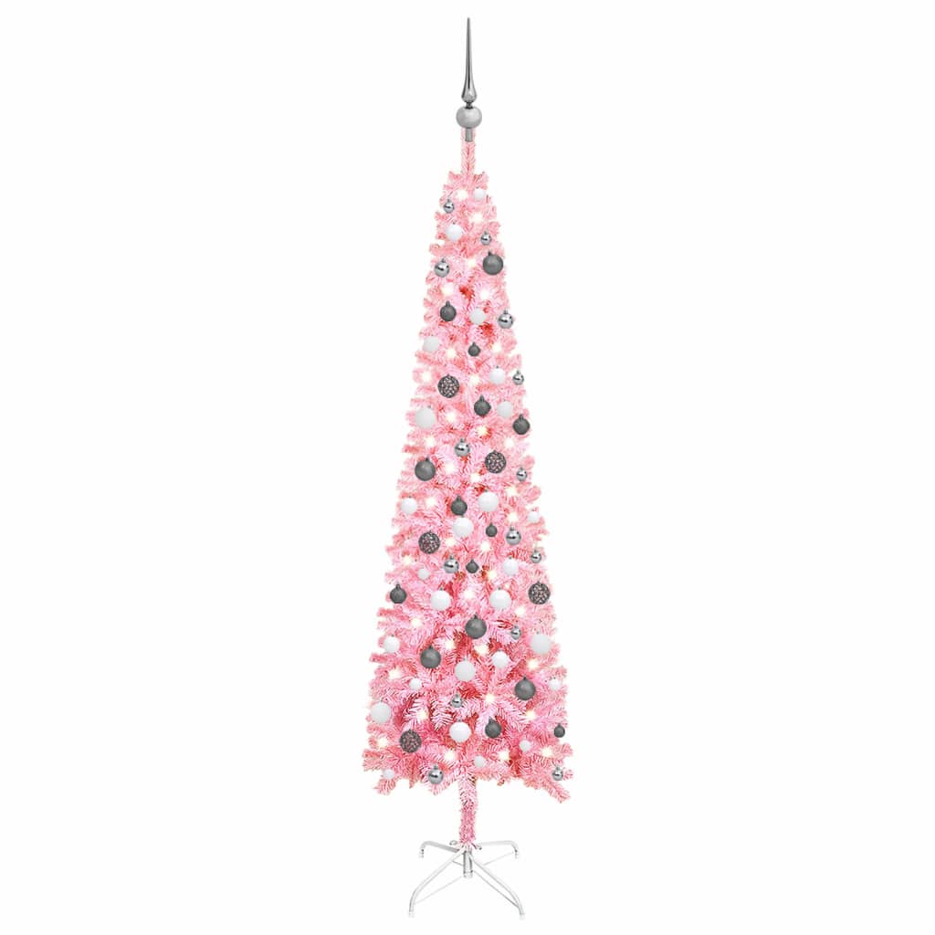 vidaXL Úzky osvetlený vianočný stromček s guľami, ružový 210 cm