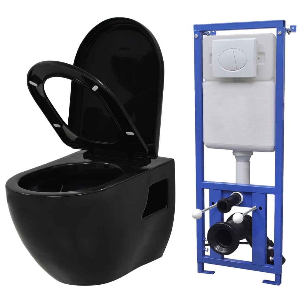 vidaXL Keramické závesné WC so skrytou nádržou, čierne