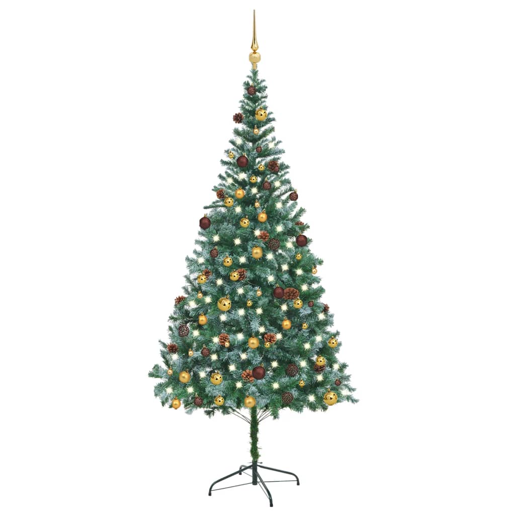 vidaXL Osvetlený umelý vianočný stromček s guľami a šiškami 210 cm