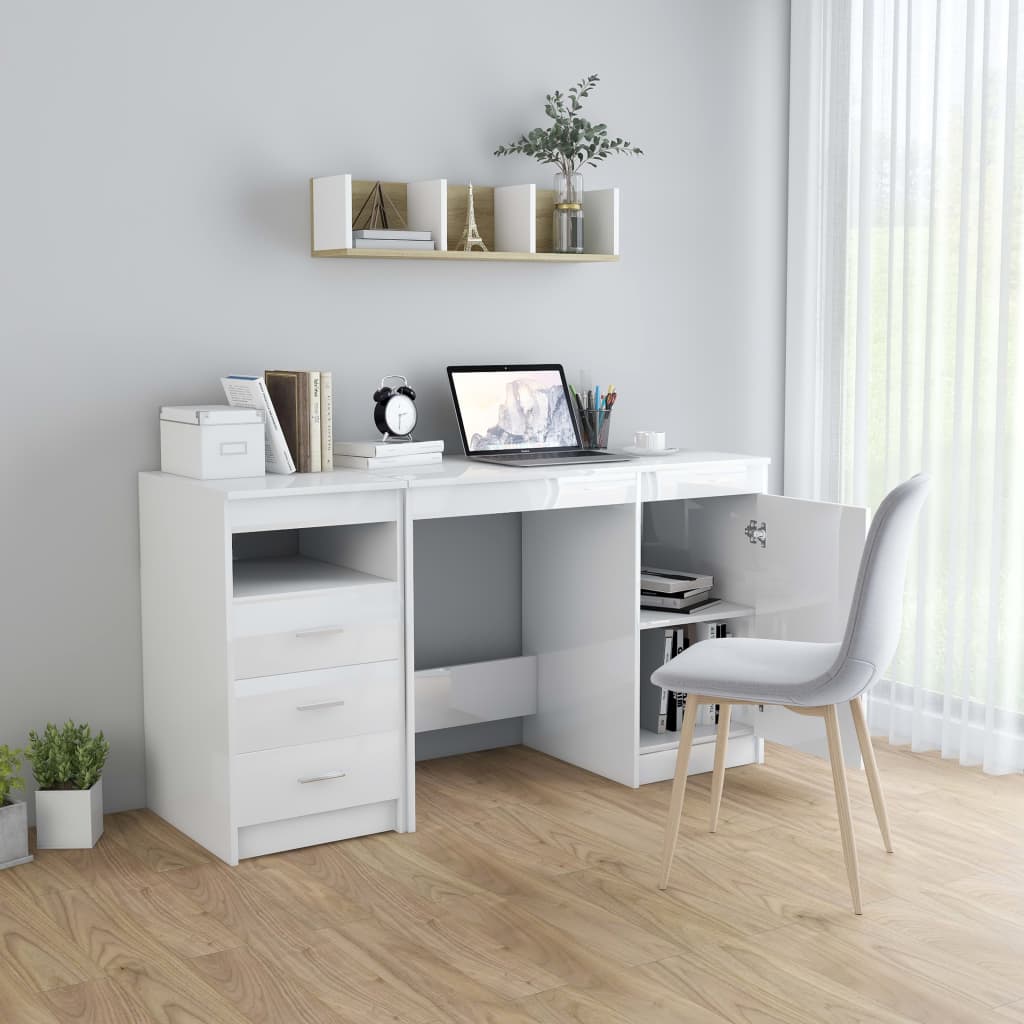 vidaXL Písací stôl, lesklý biely 140x50x76 cm, drevotrieska
