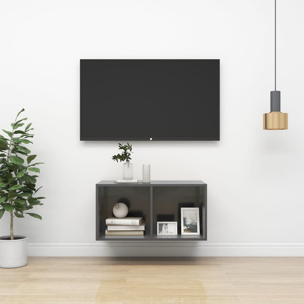 vidaXL Nástenná TV skrinka, lesklá sivá 37x37x72 cm, kompozitné drevo
