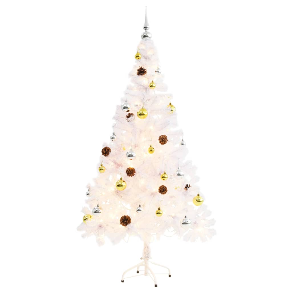 vidaXL Osvetlený umelý vianočný stromček s ozdobami, biely 150 cm