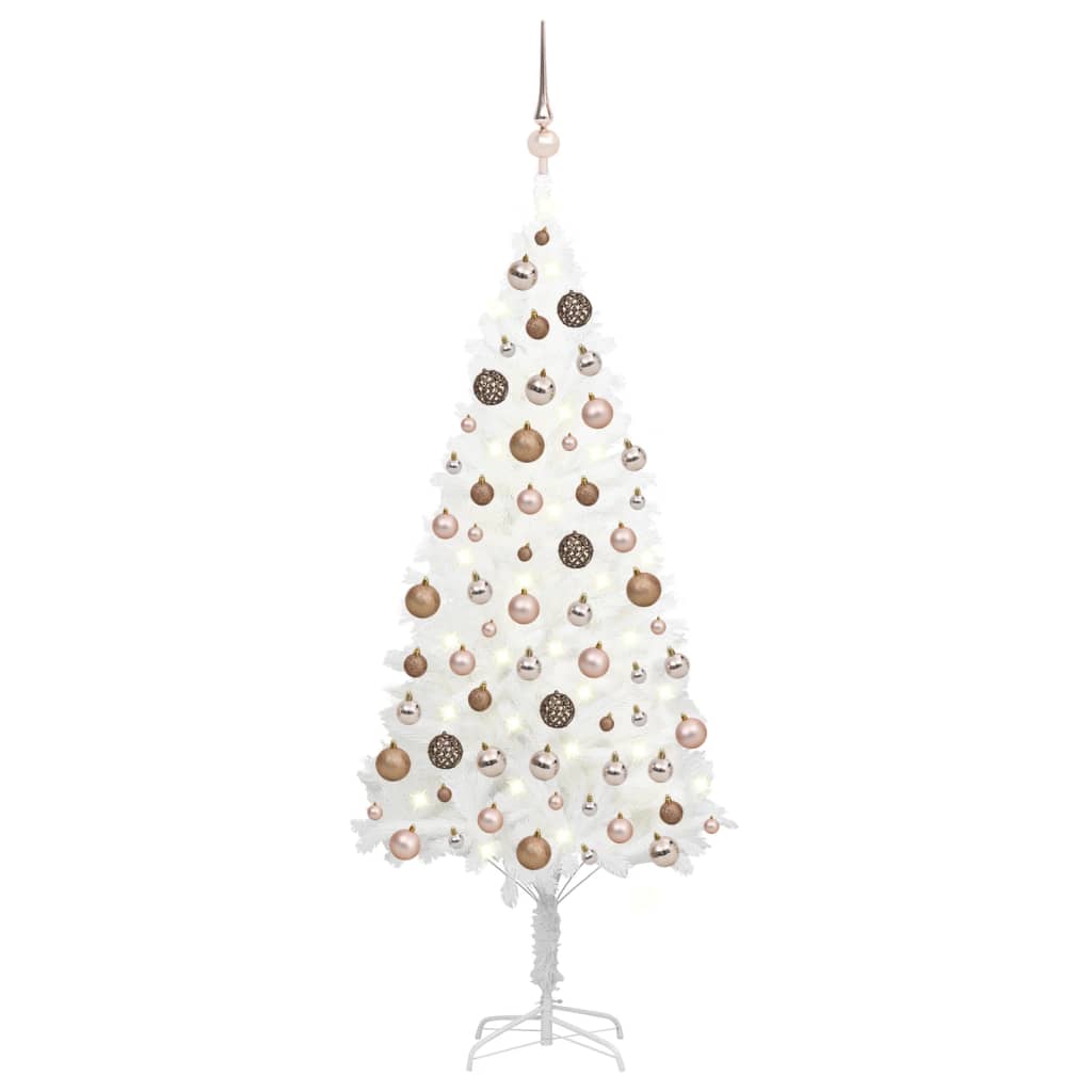 vidaXL Osvetlený umelý vianočný stromček s guľami, biely 150 cm