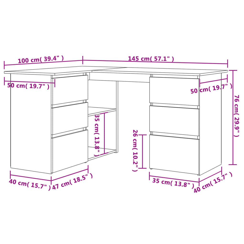vidaXL Rohový stôl, sivý 145x100x76 cm, drevotrieska
