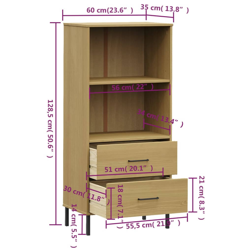 vidaXL Knižnica s 2 zásuvkami hnedá 60x35x128,5 cm masívne drevo OSLO