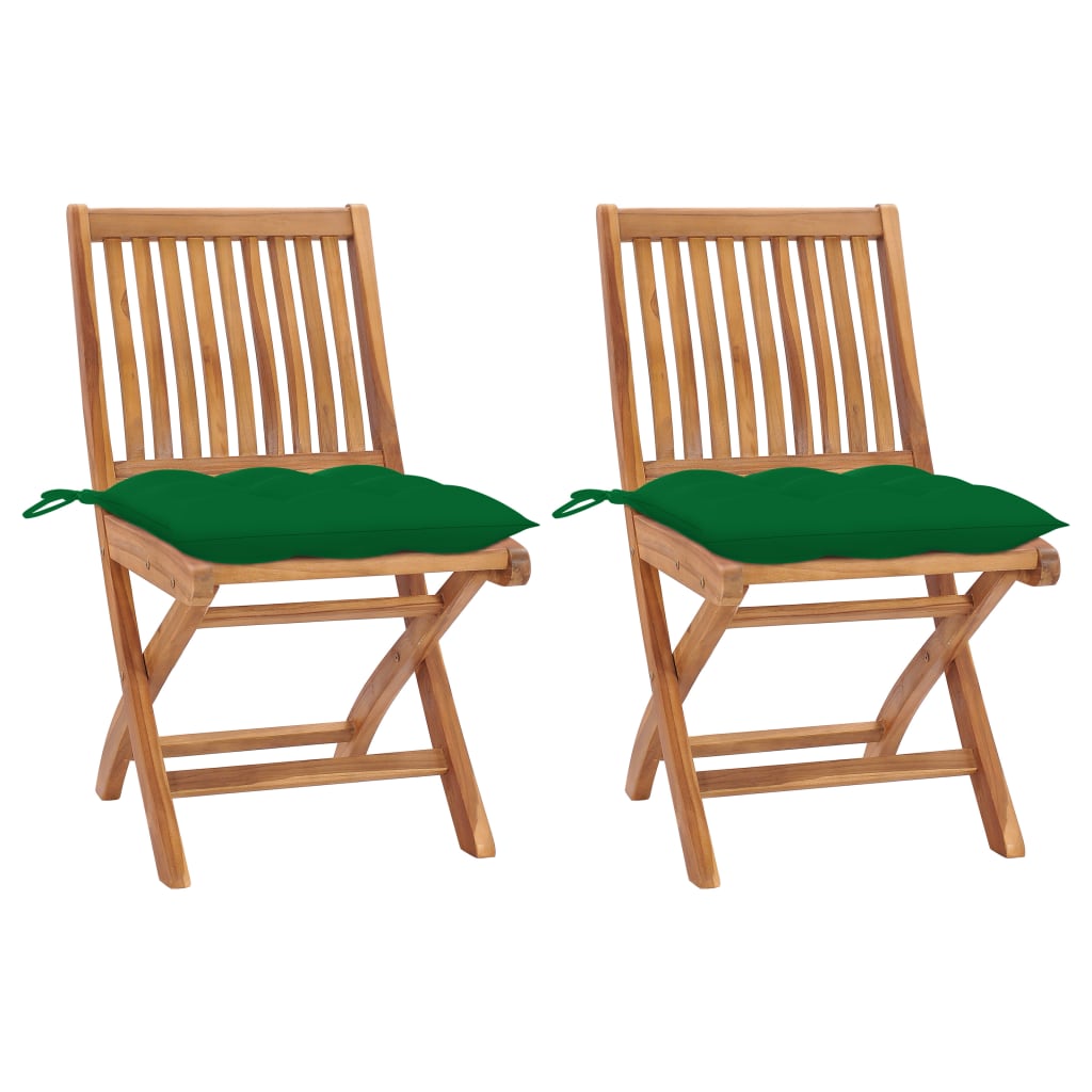 vidaXL Záhradné stoličky 2 ks, zelené podložky, tíkový masív