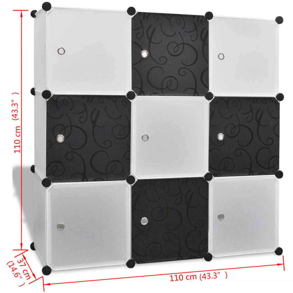 Čierno biela skrinka v tvare kocky s 9 priečinkami 110 x 37 x 110 cm