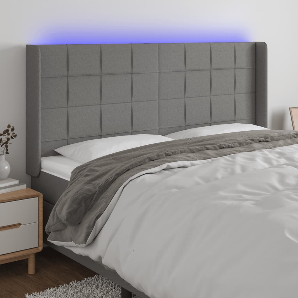 vidaXL Čelo postele s LED tmavosivé 163x16x118/128 cm látka
