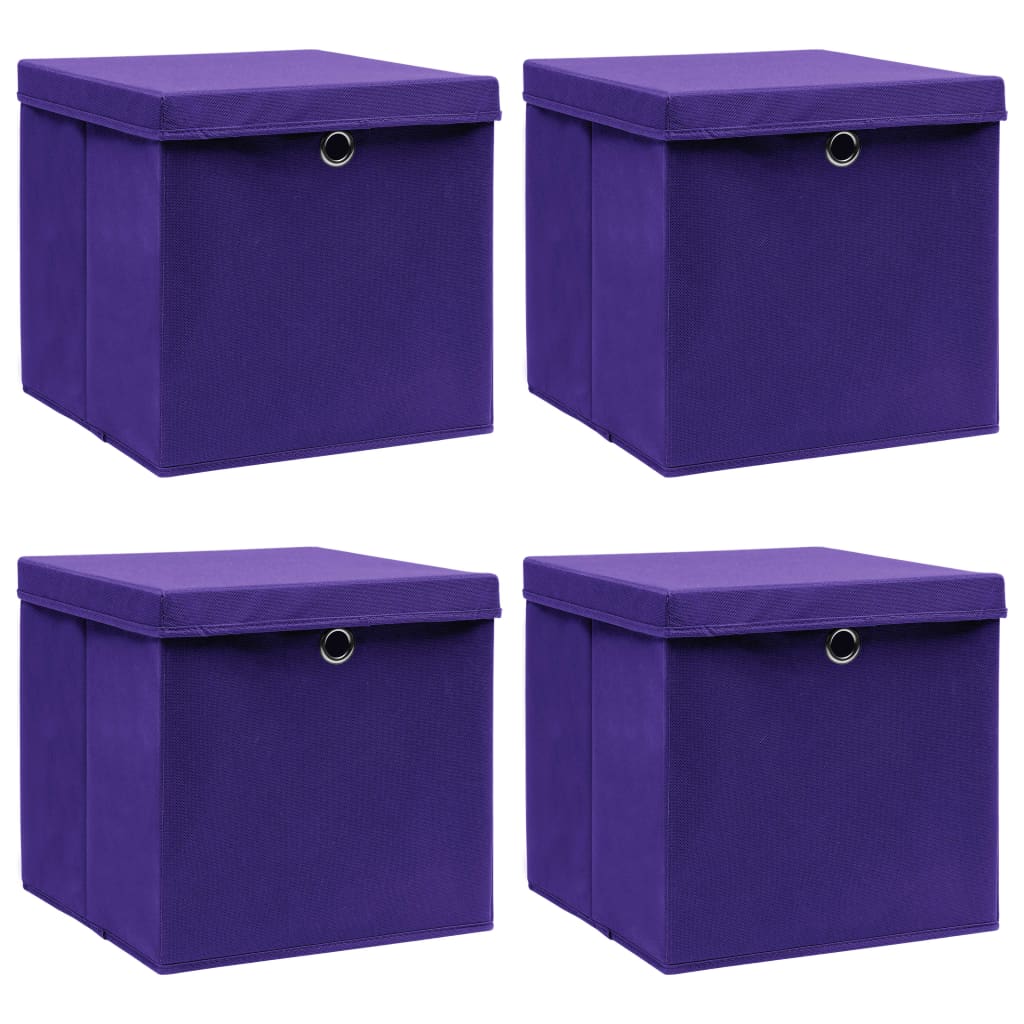 vidaXL Úložné boxy s vekom 4 ks, fialové 32x32x32 cm, látka