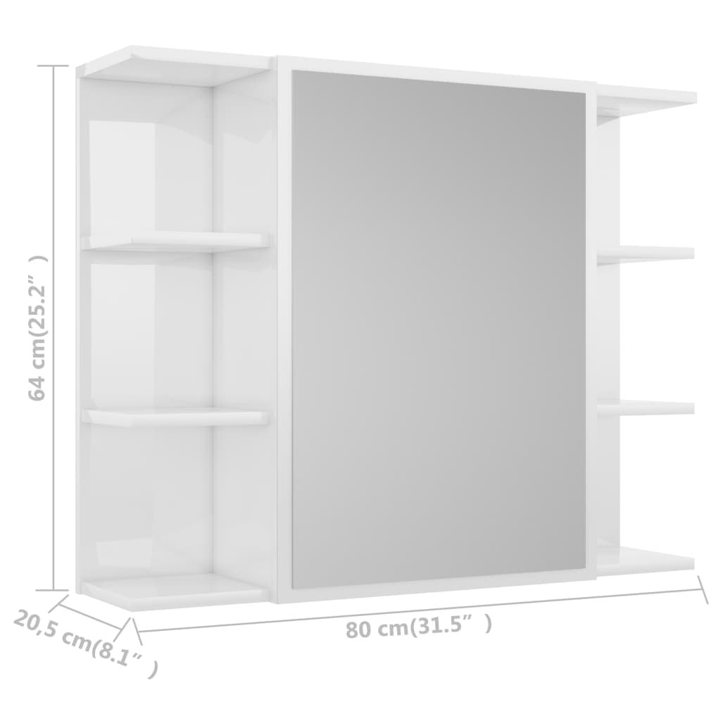 vidaXL Skrinka so zrkadlom, lesklá biela 80x20,5x64 cm, drevotrieska
