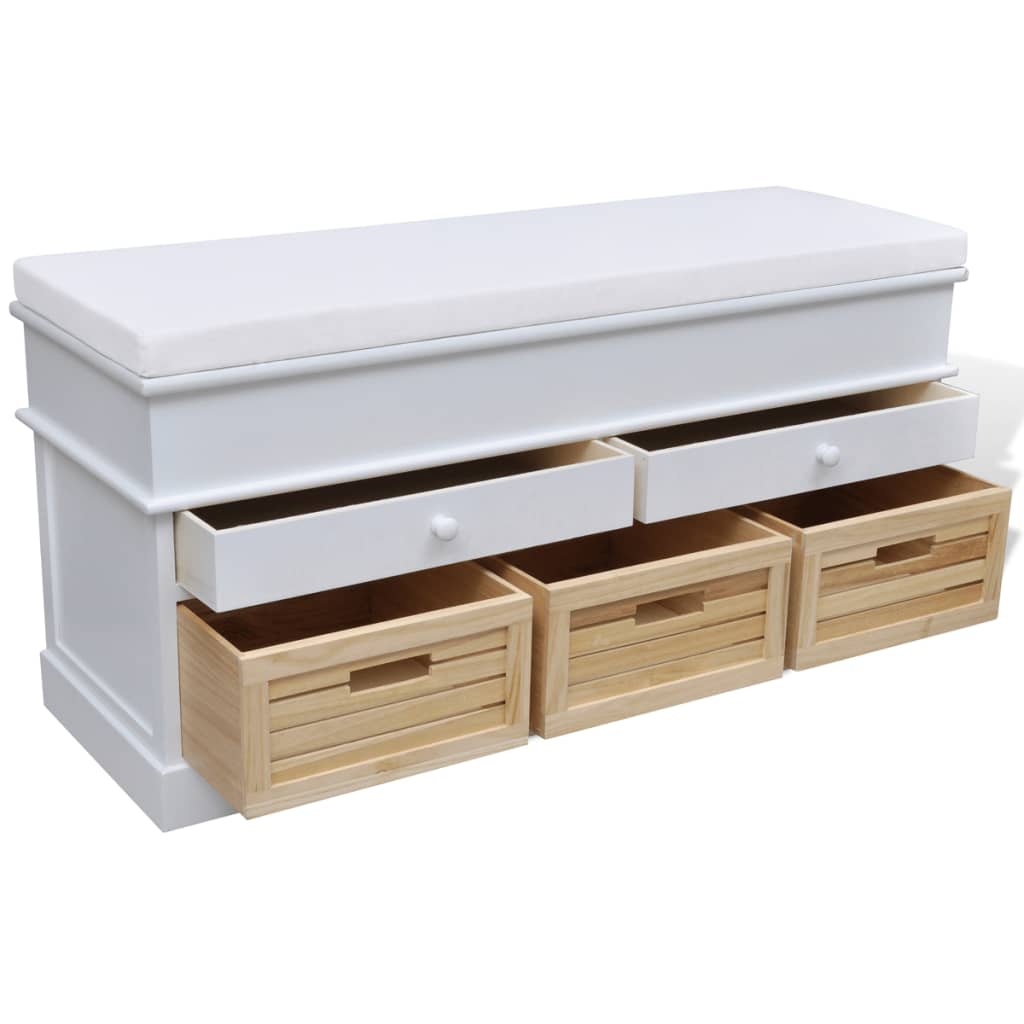 Biela skladovacia lavica s vankúšom 2 zásuvky 3 krabice