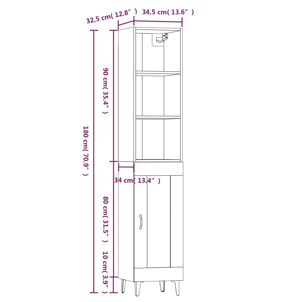 vidaXL Vysoká skrinka biela 34,5x34x180 cm spracované drevo