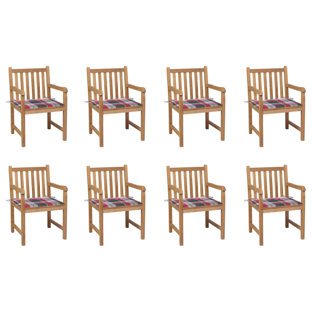 vidaXL Záhradné stoličky 8ks, červené kockované podložky, tíkový masív