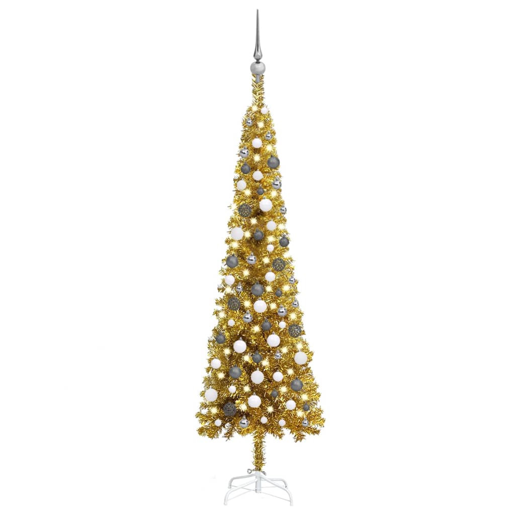 vidaXL Úzky vianočný stromček s LED a sadou gulí zlatý 180 cm
