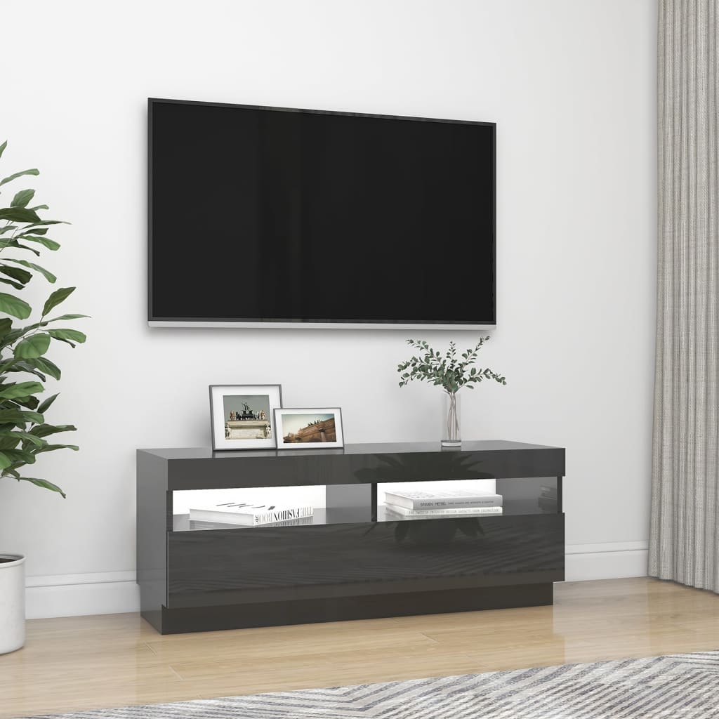 vidaXL TV skrinka s LED svetlami lesklá sivá 100x35x40 cm