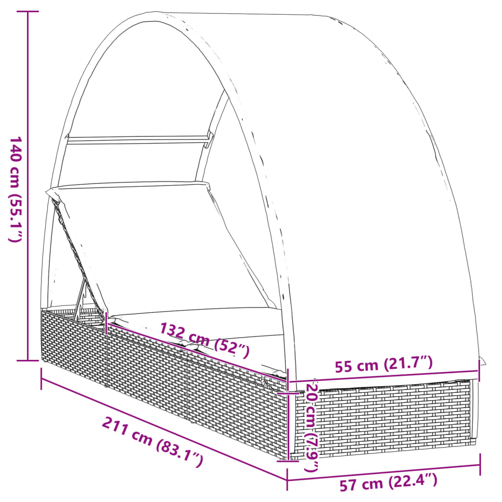 vidaXL Lehátko s okrúhlou strechou sivé 211x57x140 cm polyratan