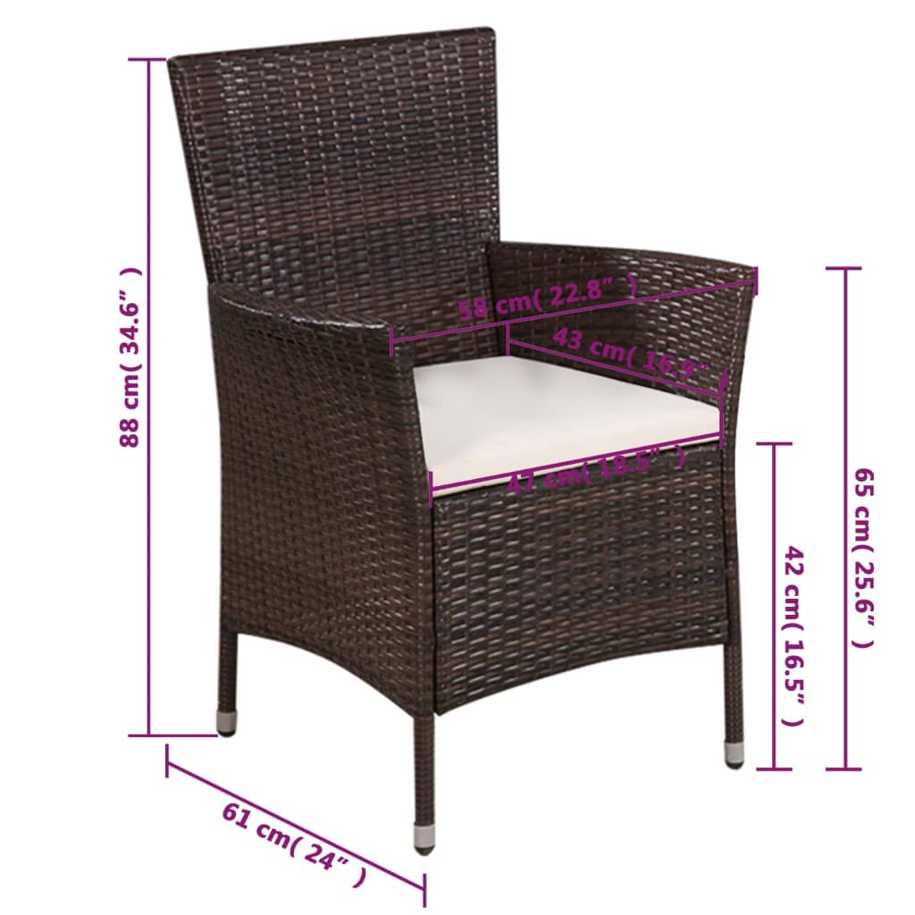 vidaXL Vonkajšia stolička a taburetka s podložkami, polyratan, hnedé