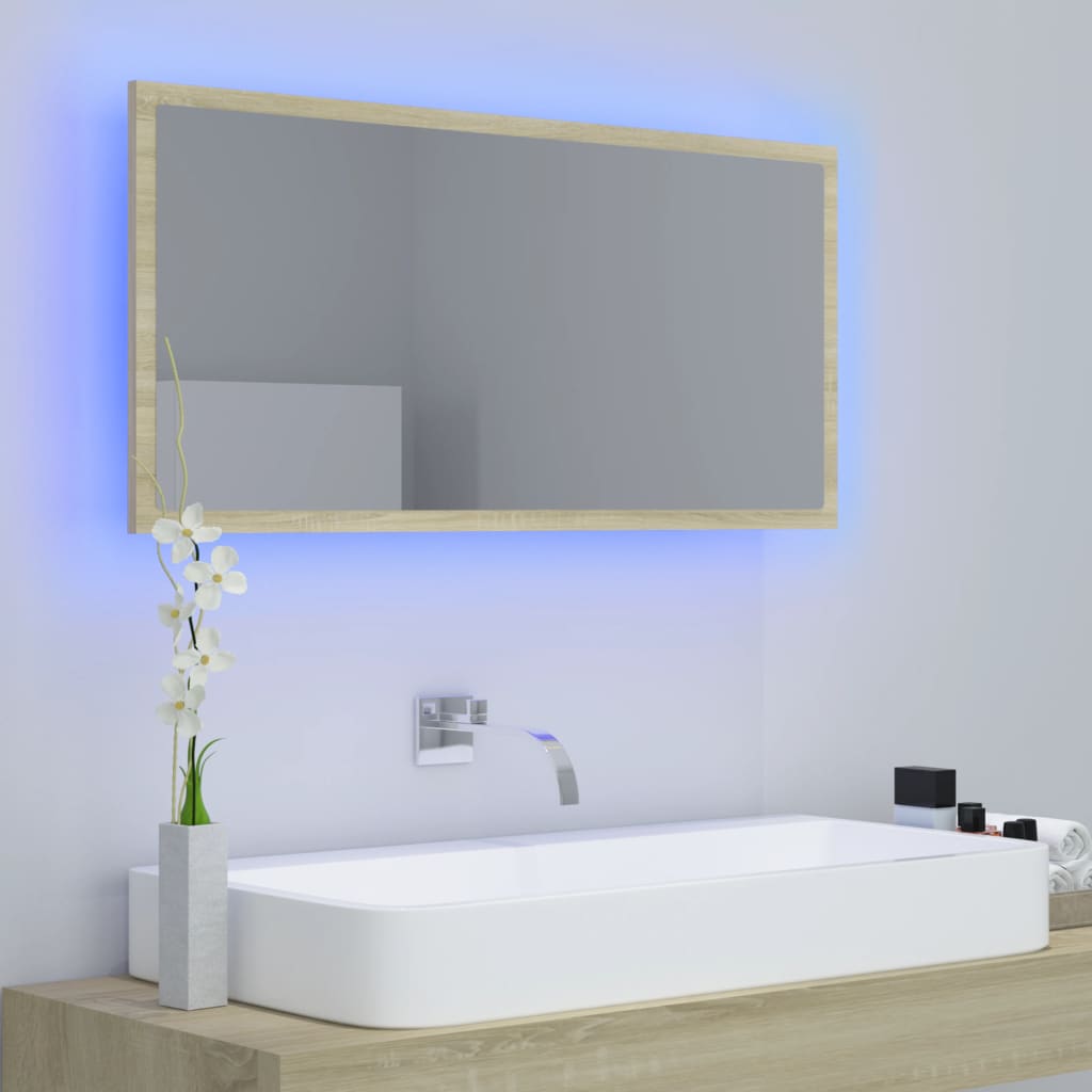 vidaXL LED kúpeľňové zrkadlo dubu sonoma 90x8,5x37 cm, pracované drevo