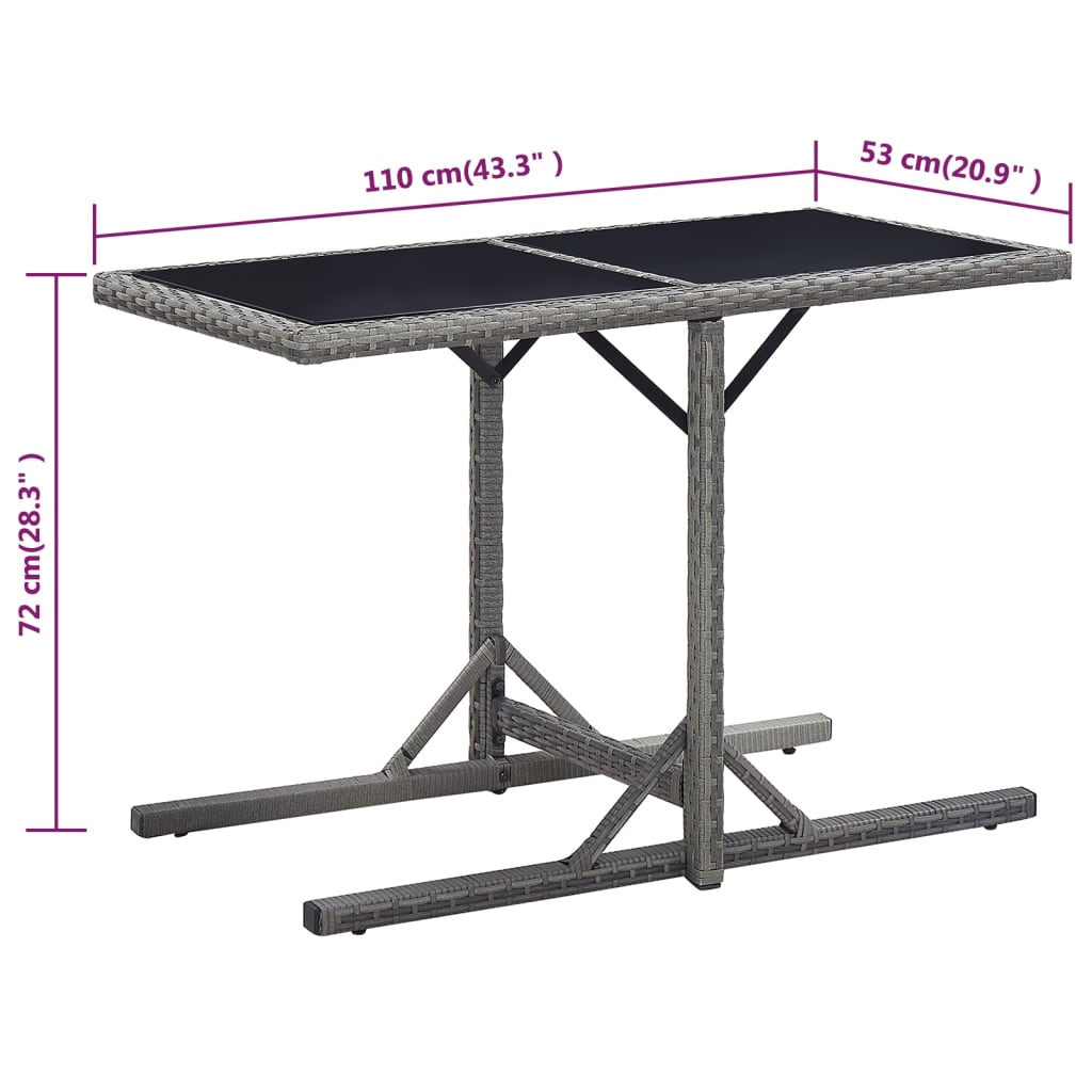 vidaXL Záhradný stôl antracitový 110x53x72 cm sklenený a polyratan