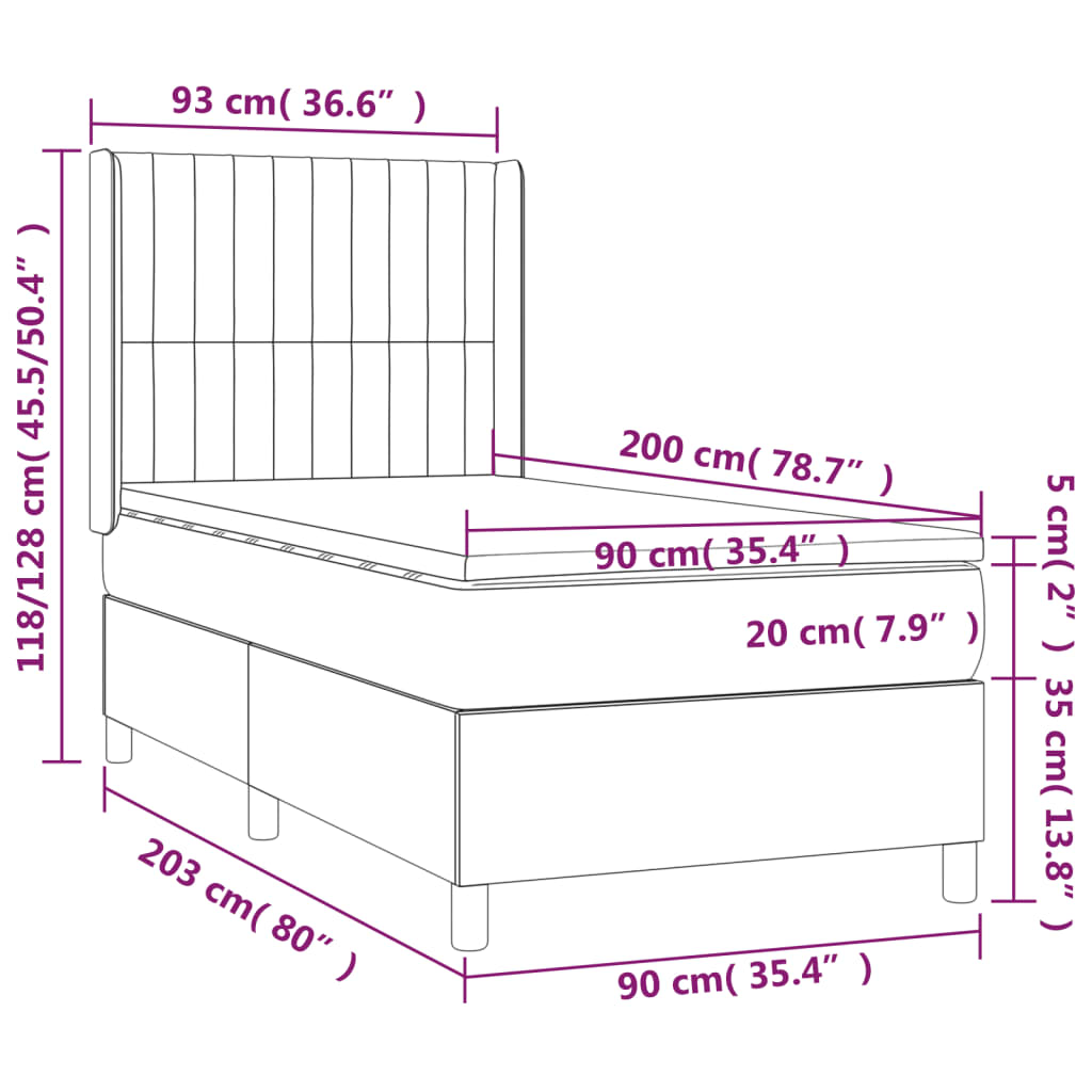 vidaXL Posteľ boxsping s matracom a LED tmavosivá 90x200 cm zamat