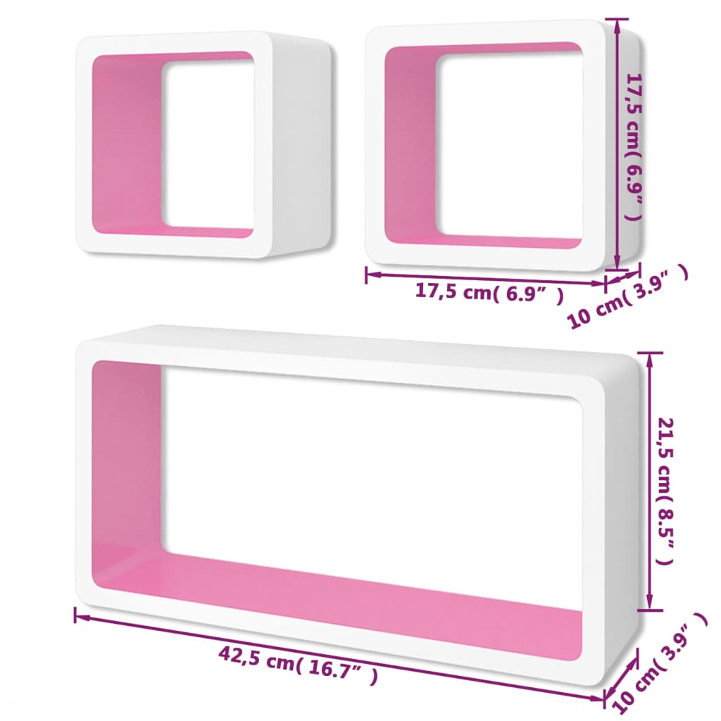 3 bielo ružové nástenné police v tvare kocky na knihy/DVD, MDF