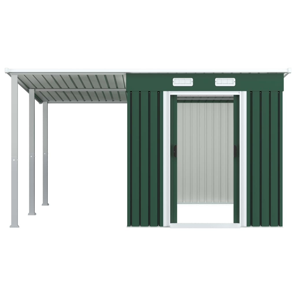 vidaXL Záhradná kôlňa, predĺžená strecha, zelená 336x270x181 cm, oceľ