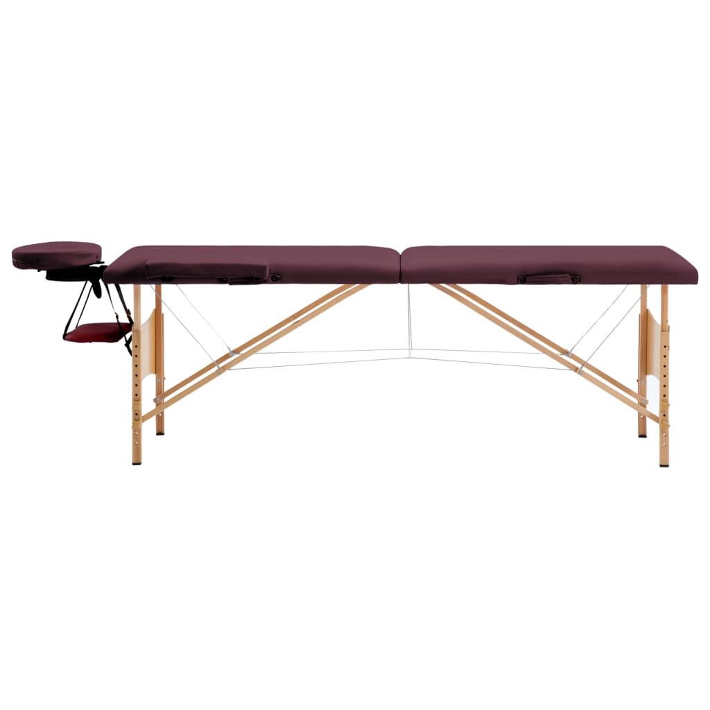 vidaXL Skladací masážny stôl, 2 zóny, drevo, vínovo fialový