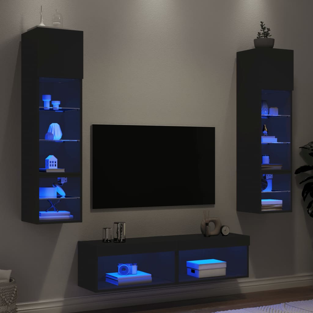 vidaXL 6-dielne TV nástenné skrinky s LED čierne kompozitné drevo